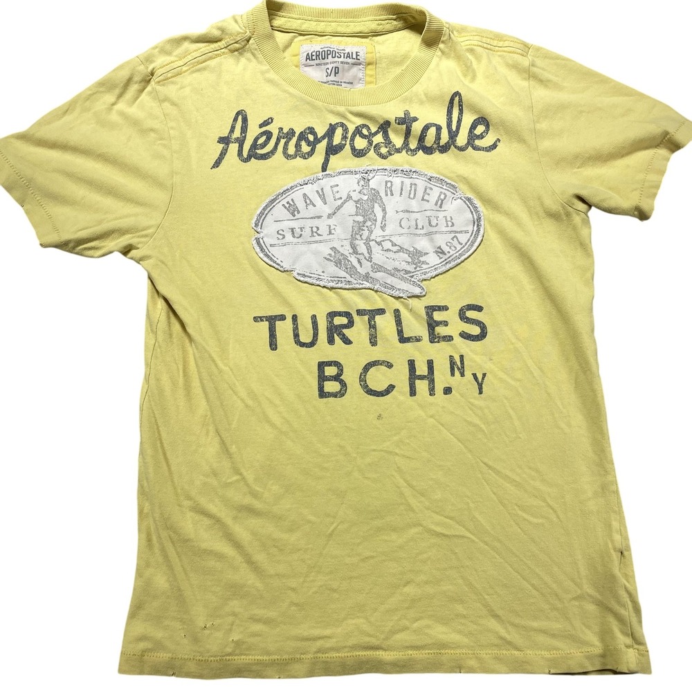 Aeropostale Shirt Mens Small Yellow Wave Rider Surf Club Turtles BCH Graphic Tee